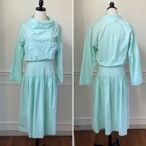 Vintage 80s Alicia Mint Green Cowl Neck Blouson Midi Dress 6 M